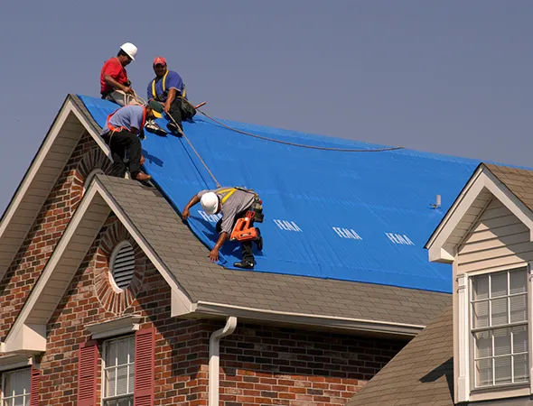 Three men are engaged in roofing work, carefully positioning a blue tarp on a sloped roof for protection and safety.