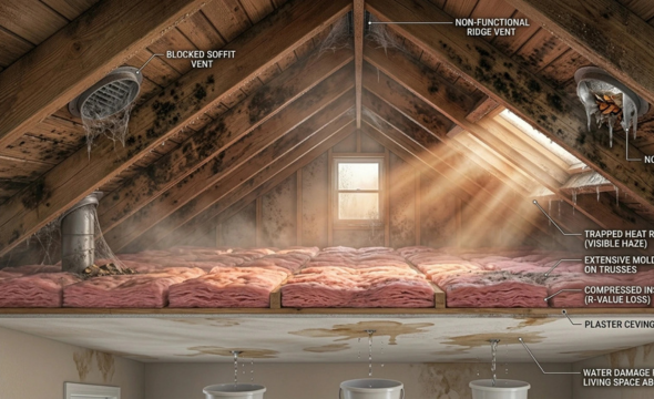 Cross-section illustration of an attic showing mold on wooden trusses, compressed pink insulation, and water leaking through the ceiling into buckets due to poor ventilation and blocked vents