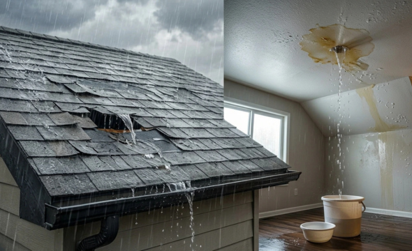 A split-screen image showing rainwater pouring through a large hole in a shingle roof (left) and the resulting interior water damage with a leaking ceiling and puddles on a wooden floor
