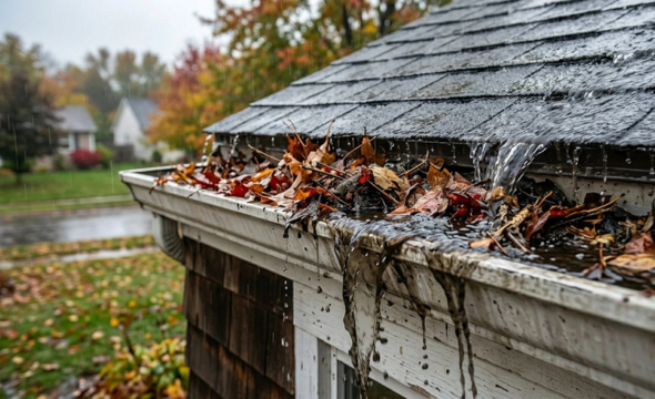 Close-up of a residential gutter filled with damp autumn leaves and debris, causing rainwater to overflow and spill over the side during a storm