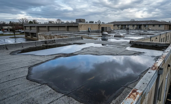 Wide shot of a flat commercial roof with significant standing water and large puddles reflecting a cloudy sky, indicating poor drainage