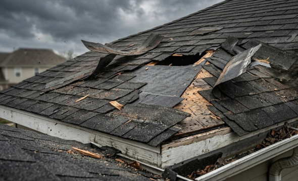 Detailed view of a damaged roof section featuring torn, curling asphalt shingles and exposed wooden underlayment
