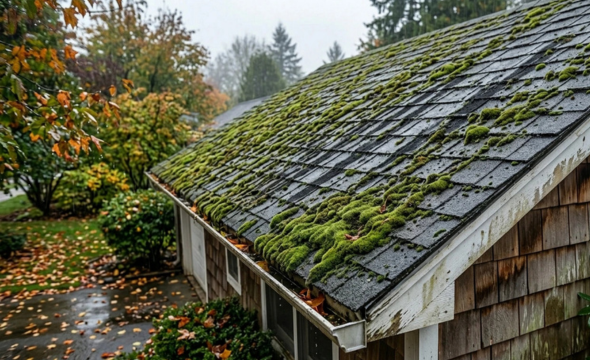 An exterior view of a shingle roof heavily covered in thick green moss and dark algae streaks in a damp, wooded environment
