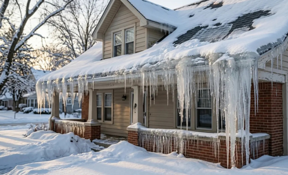 A winter scene of a house with heavy snow on the roof and a thick ice dam along the eaves, with long, sharp icicles hanging down over the porch