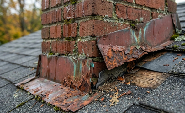 Close-up of a brick chimney showing corroded, rusted metal flashing that has lifted away from the shingles, creating gaps for potential water leaks