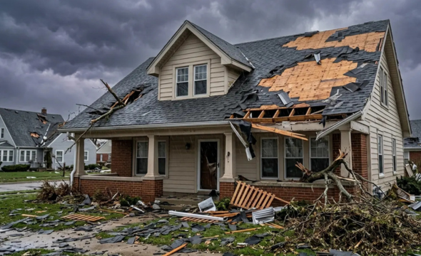 Close-up of severe roof damage after a storm, with multiple shingles ripped away, shattered edges, and exposed roof decking under a dark, moody sky